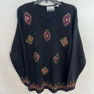 Vintage 80s‎ Marnie West Sequin Beaded Black Sweater Size M Holiday Party Gold